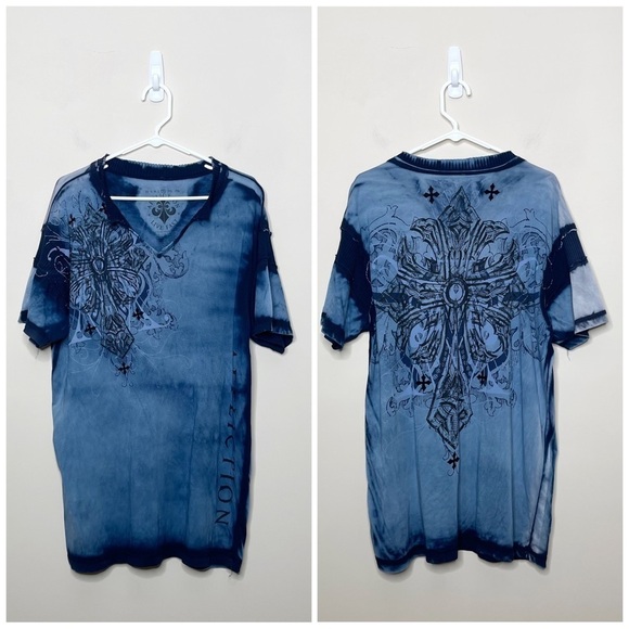 Affliction Mens T Shirt Live Fast Size XL Blue Cross Rare Stitch Y2K Distressed - Picture 1 of 4